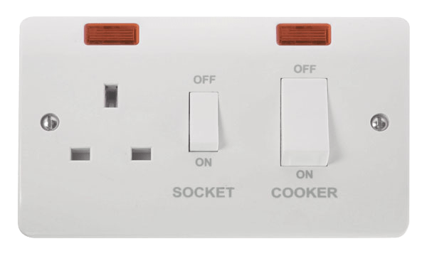 Click Mode 45A 2 Gang DP Switch With 13A DP Switched Socket Outlet, White Rockers & Neons